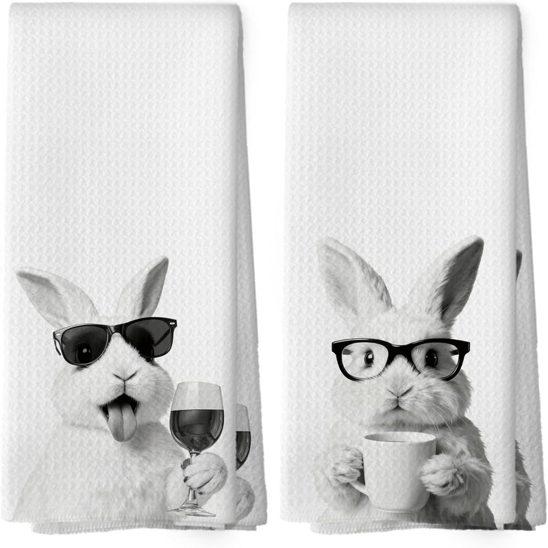 Mcehtle Funny Bunny Kitchen Towels Set of 2, Easter Rabbit Kitchen Accessories, Coffee Wine Station Decor, Chef Gift Hand Towel, Dining Room Decorative Tea Towel Dish Towels 16x24 Inch - Image 1